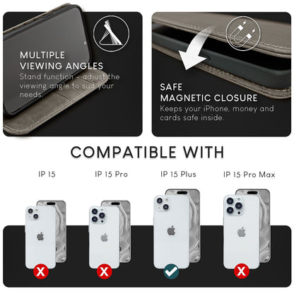 NALIA Echtlederhülle für iPhone 15 Plus – RFID Wallet & Magnet-Verschluss – LEVANTO (Handgefertigte Klapphülle) – Marke aus Berlin