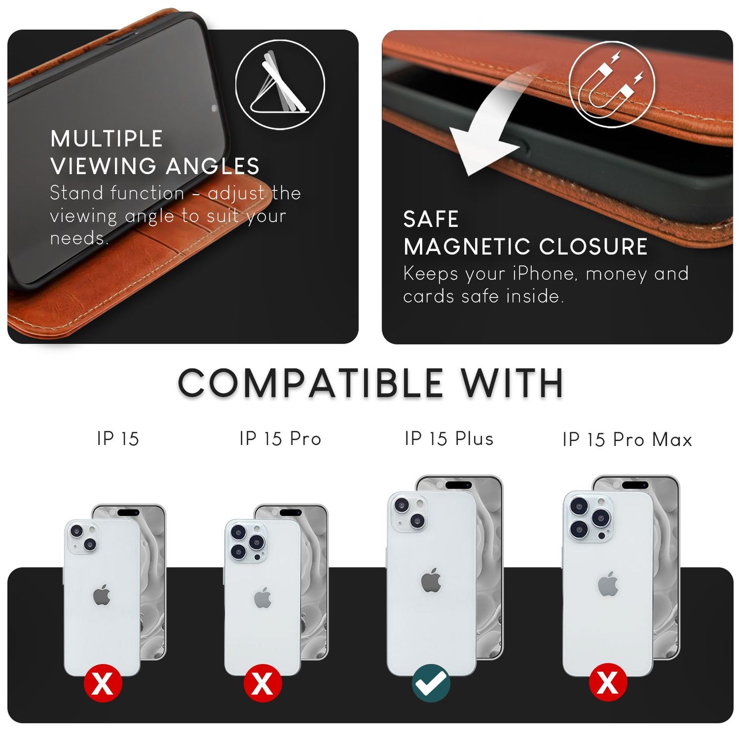 NALIA Echtlederhülle für iPhone 15 Plus – RFID Wallet & Magnet-Verschluss – LEVANTO (Handgefertigte Klapphülle) – Marke aus Berlin