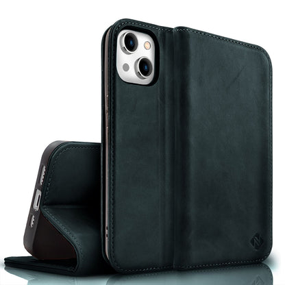 NALIA Echtlederhülle für iPhone 15 Plus – RFID Wallet & Magnet-Verschluss – LEVANTO (Handgefertigte Klapphülle) – Marke aus Berlin