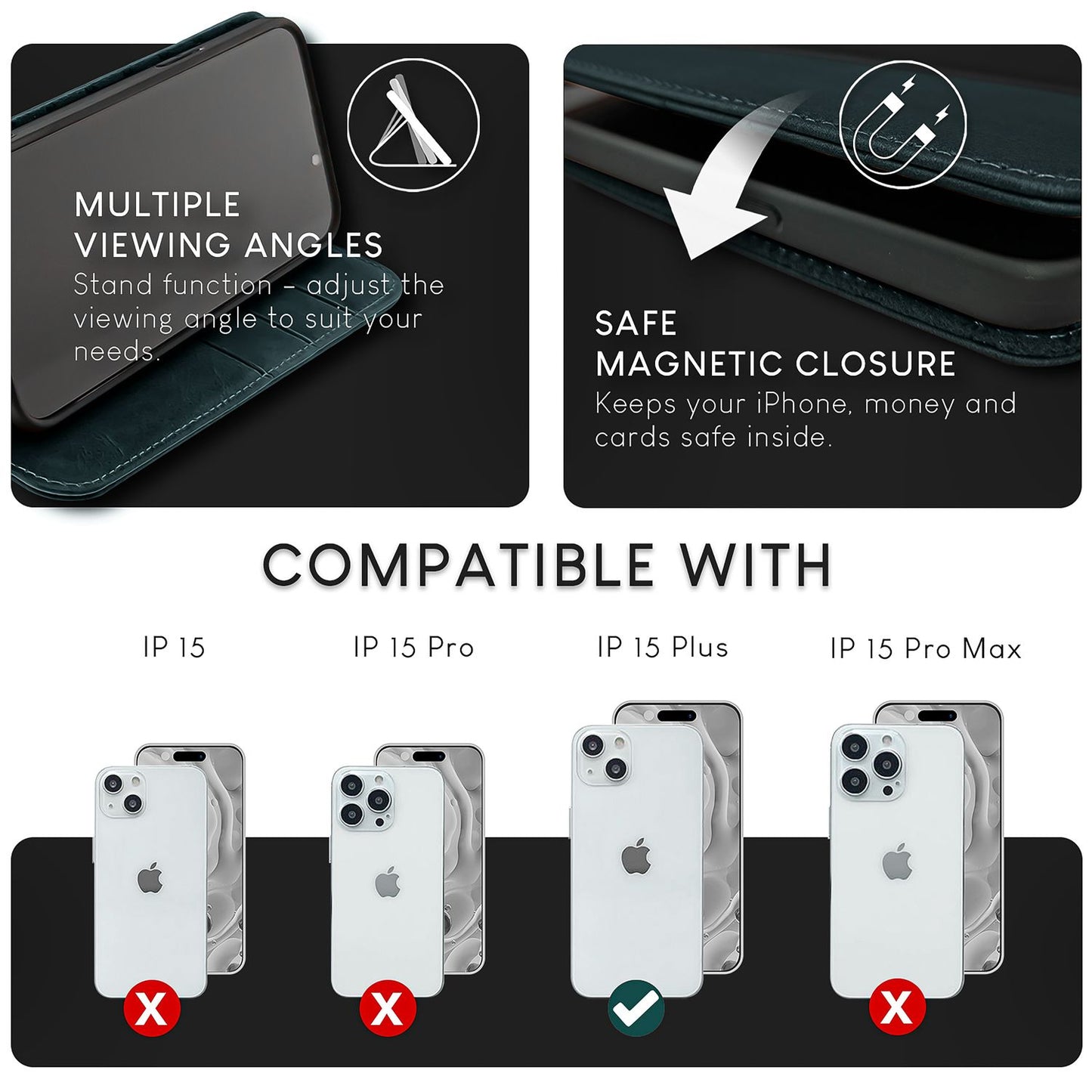 NALIA Echtlederhülle für iPhone 15 Plus – RFID Wallet & Magnet-Verschluss – LEVANTO (Handgefertigte Klapphülle) – Marke aus Berlin