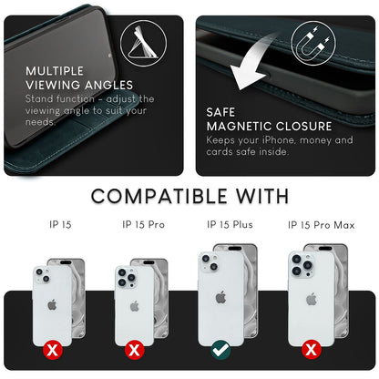 NALIA Echtlederhülle für iPhone 15 Plus – RFID Wallet & Magnet-Verschluss – LEVANTO (Handgefertigte Klapphülle) – Marke aus Berlin