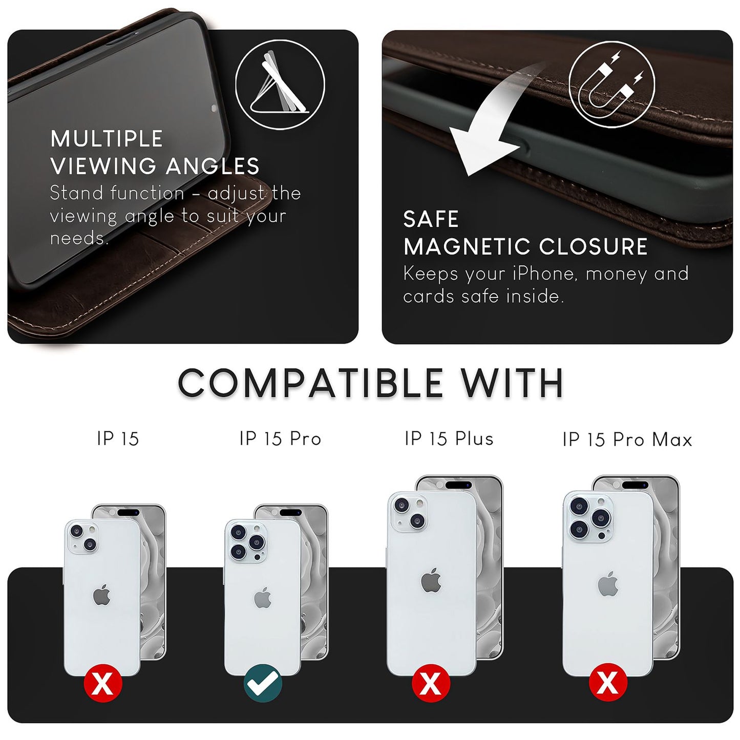 NALIA Echtlederhülle für iPhone 15 Pro – RFID Wallet & Magnet-Verschluss – LEVANTO (Handgefertigte Klapphülle) – Marke aus Berlin
