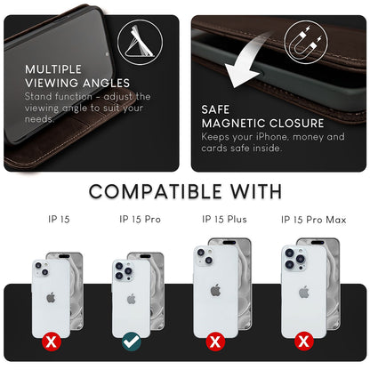 NALIA Echtlederhülle für iPhone 15 Pro – RFID Wallet & Magnet-Verschluss – LEVANTO (Handgefertigte Klapphülle) – Marke aus Berlin