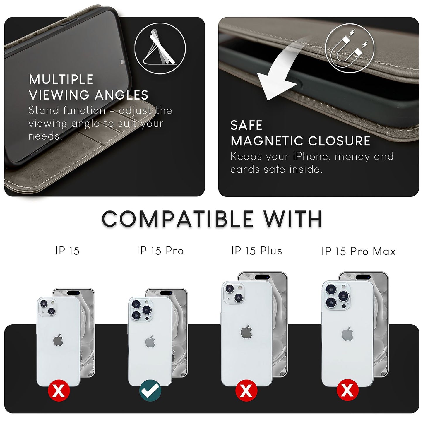 NALIA Echtlederhülle für iPhone 15 Pro – RFID Wallet & Magnet-Verschluss – LEVANTO (Handgefertigte Klapphülle) – Marke aus Berlin