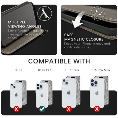 NALIA Echtlederhülle für iPhone 15 Pro – RFID Wallet & Magnet-Verschluss – LEVANTO (Handgefertigte Klapphülle) – Marke aus Berlin