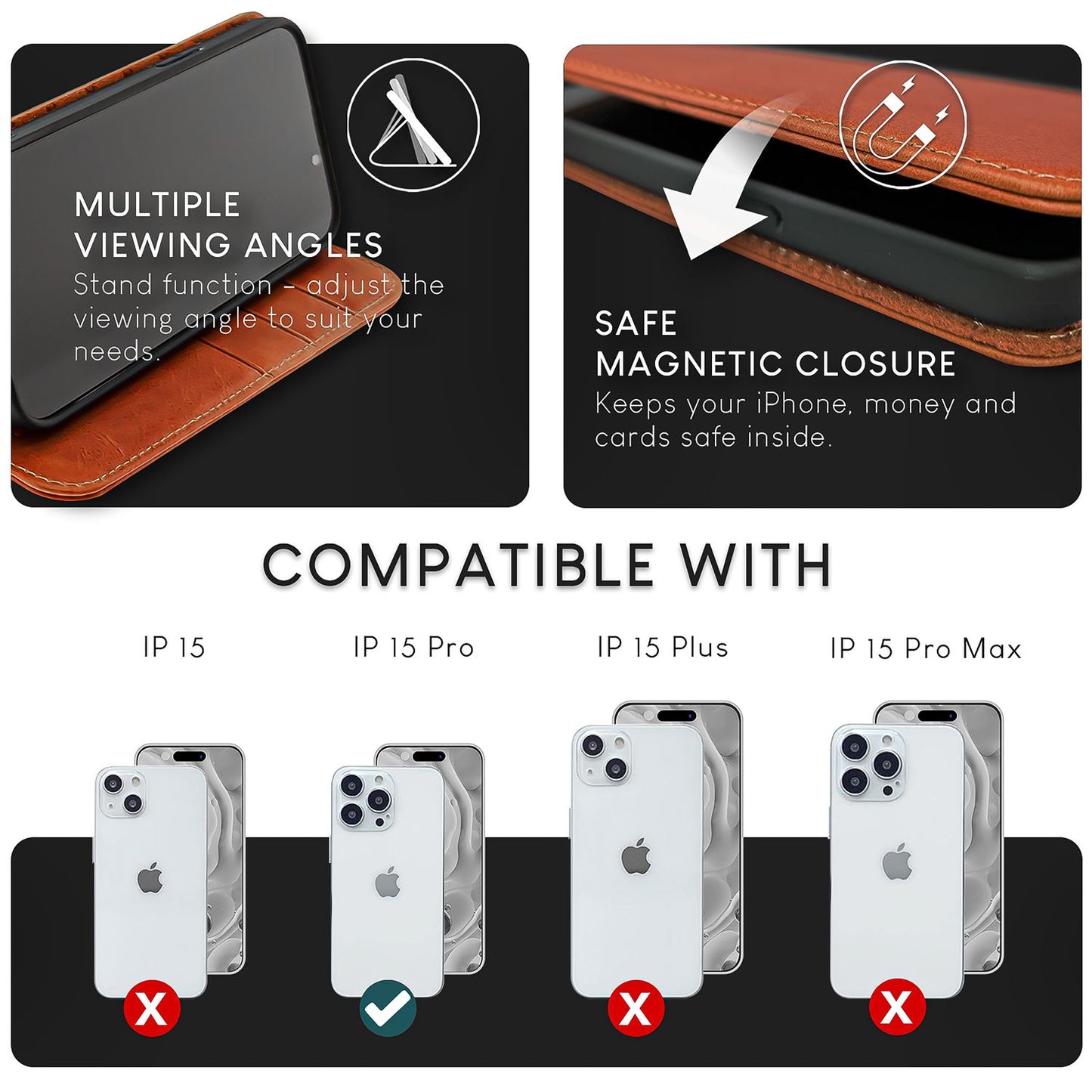 NALIA Echtlederhülle für iPhone 15 Pro – RFID Wallet & Magnet-Verschluss – LEVANTO (Handgefertigte Klapphülle) – Marke aus Berlin