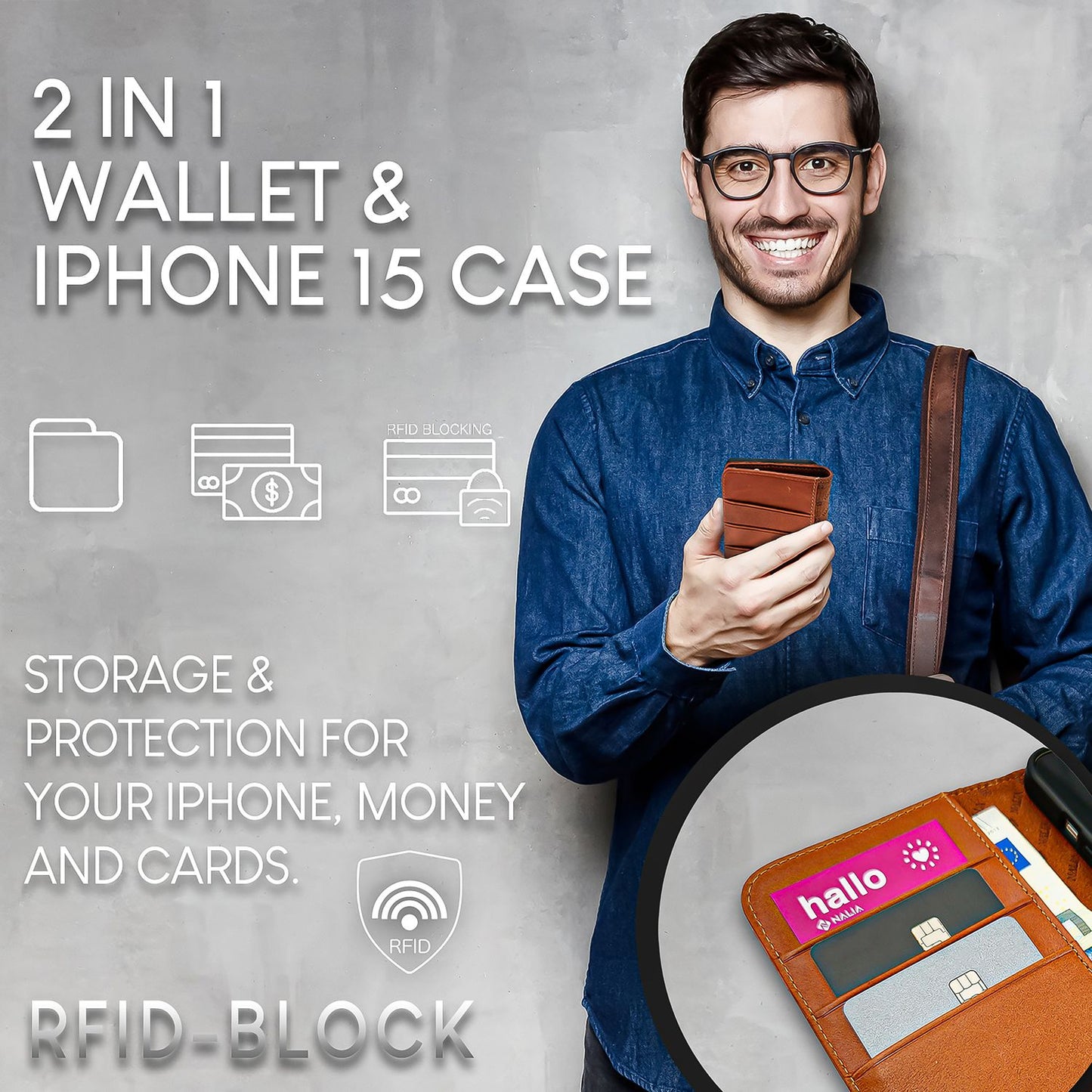 NALIA Echtlederhülle für iPhone 15 Pro – RFID Wallet & Magnet-Verschluss – LEVANTO (Handgefertigte Klapphülle) – Marke aus Berlin
