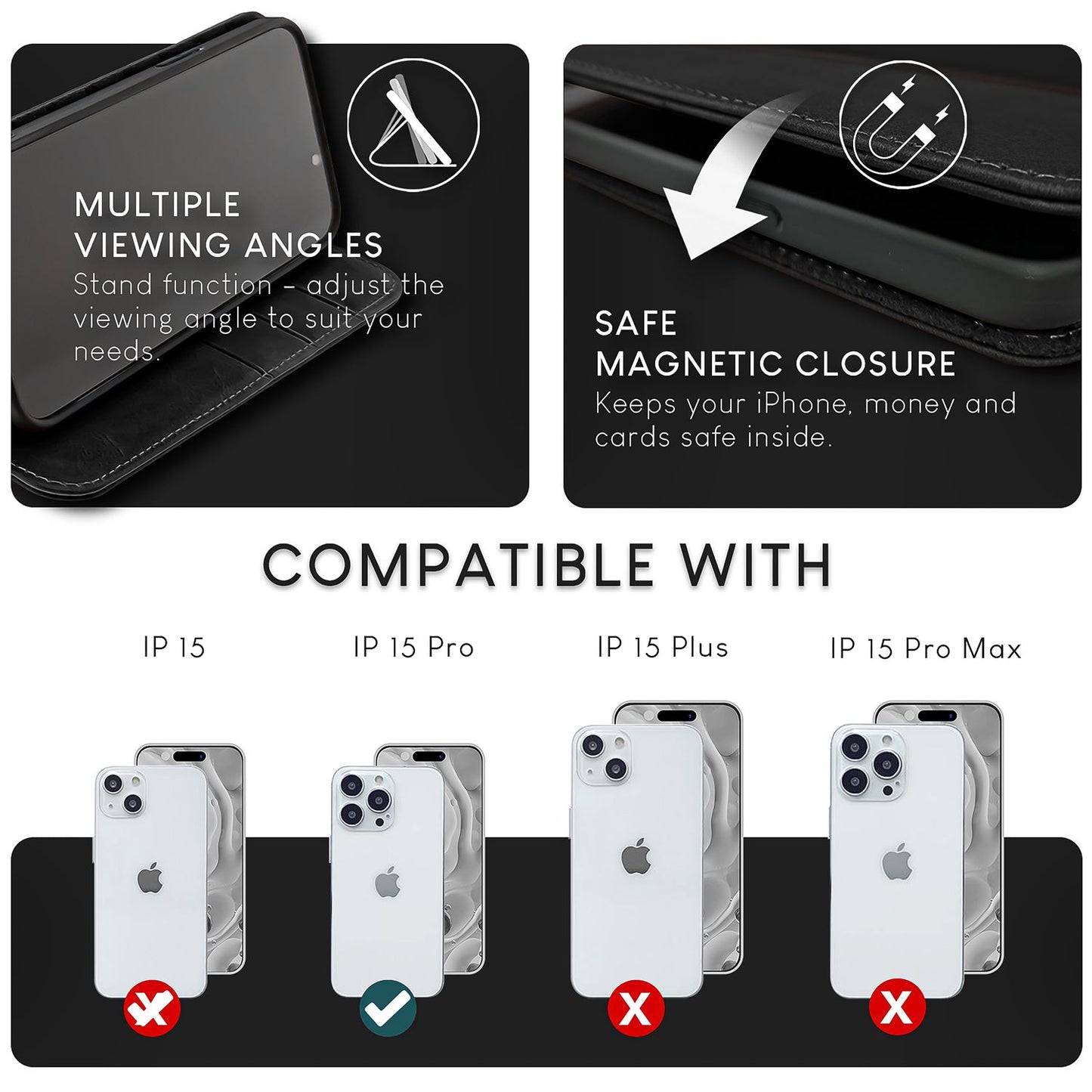NALIA Echtlederhülle für iPhone 15 Pro – RFID Wallet & Magnet-Verschluss – LEVANTO (Handgefertigte Klapphülle) – Marke aus Berlin