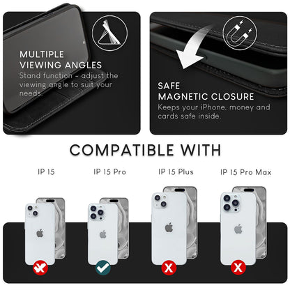 NALIA Echtlederhülle für iPhone 15 Pro – RFID Wallet & Magnet-Verschluss – LEVANTO (Handgefertigte Klapphülle) – Marke aus Berlin
