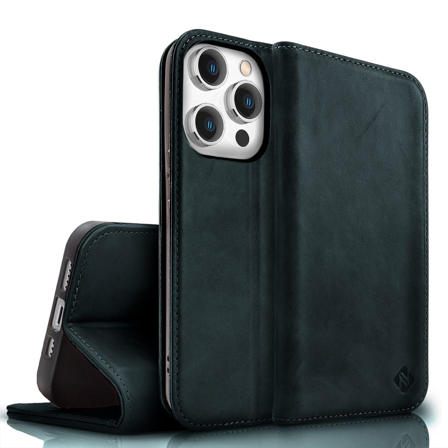 NALIA Echtlederhülle für iPhone 15 Pro – RFID Wallet & Magnet-Verschluss – LEVANTO (Handgefertigte Klapphülle) – Marke aus Berlin