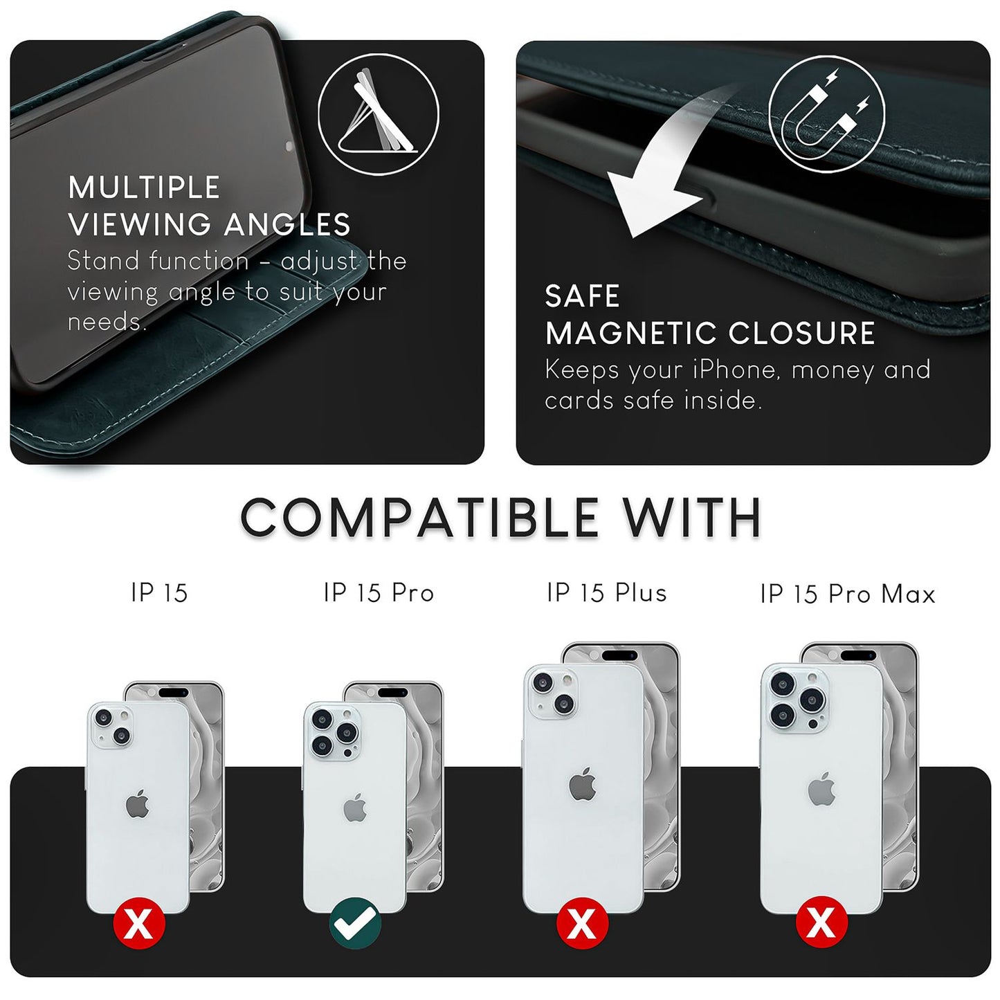 NALIA Echtlederhülle für iPhone 15 Pro – RFID Wallet & Magnet-Verschluss – LEVANTO (Handgefertigte Klapphülle) – Marke aus Berlin