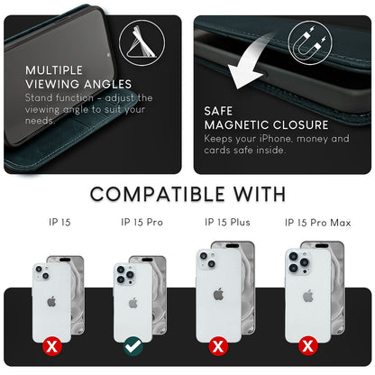 NALIA Echtlederhülle für iPhone 15 Pro – RFID Wallet & Magnet-Verschluss – LEVANTO (Handgefertigte Klapphülle) – Marke aus Berlin
