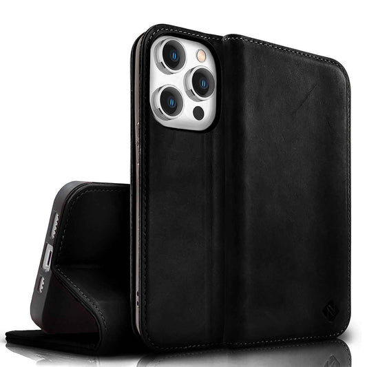 NALIA Echtlederhülle für iPhone 15 Pro – RFID Wallet & Magnet-Verschluss – LEVANTO (Handgefertigte Klapphülle) – Marke aus Berlin