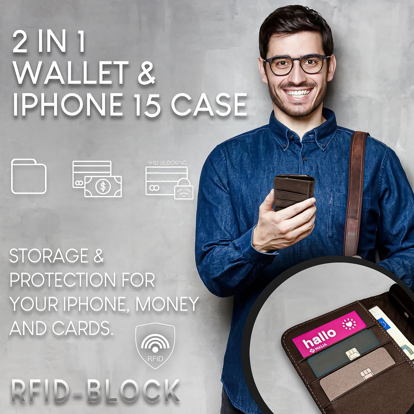 NALIA Echtlederhülle für iPhone 15 Pro Max – RFID Wallet & Magnet-Verschluss – LEVANTO (Handgefertigte Klapphülle) – Marke aus Berlin