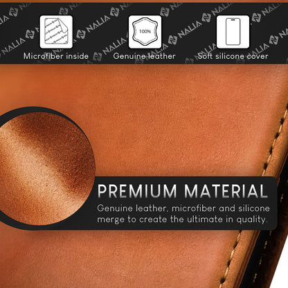 NALIA Echtlederhülle für iPhone 15 Pro Max – RFID Wallet & Magnet-Verschluss – LEVANTO (Handgefertigte Klapphülle) – Marke aus Berlin