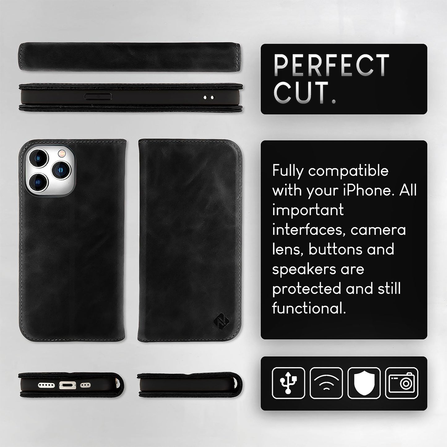 NALIA Echtlederhülle für iPhone 15 Pro Max – RFID Wallet & Magnet-Verschluss – LEVANTO (Handgefertigte Klapphülle) – Marke aus Berlin