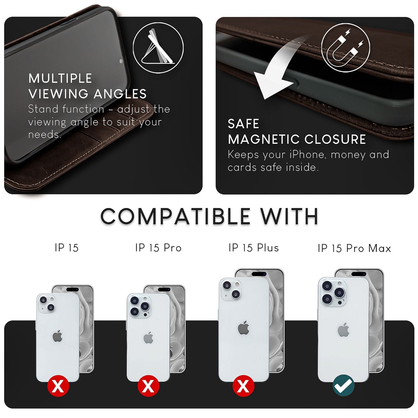 NALIA Echtlederhülle für iPhone 15 Pro Max – RFID Wallet & Magnet-Verschluss – LEVANTO (Handgefertigte Klapphülle) – Marke aus Berlin