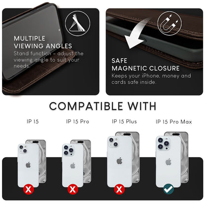 NALIA Echtlederhülle für iPhone 15 Pro Max – RFID Wallet & Magnet-Verschluss – LEVANTO (Handgefertigte Klapphülle) – Marke aus Berlin