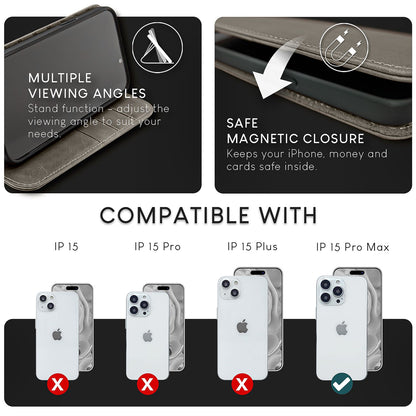 NALIA Echtlederhülle für iPhone 15 Pro Max – RFID Wallet & Magnet-Verschluss – LEVANTO (Handgefertigte Klapphülle) – Marke aus Berlin