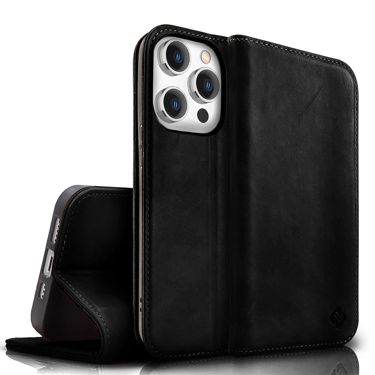 NALIA Echtlederhülle für iPhone 15 Pro Max – RFID Wallet & Magnet-Verschluss – LEVANTO (Handgefertigte Klapphülle) – Marke aus Berlin