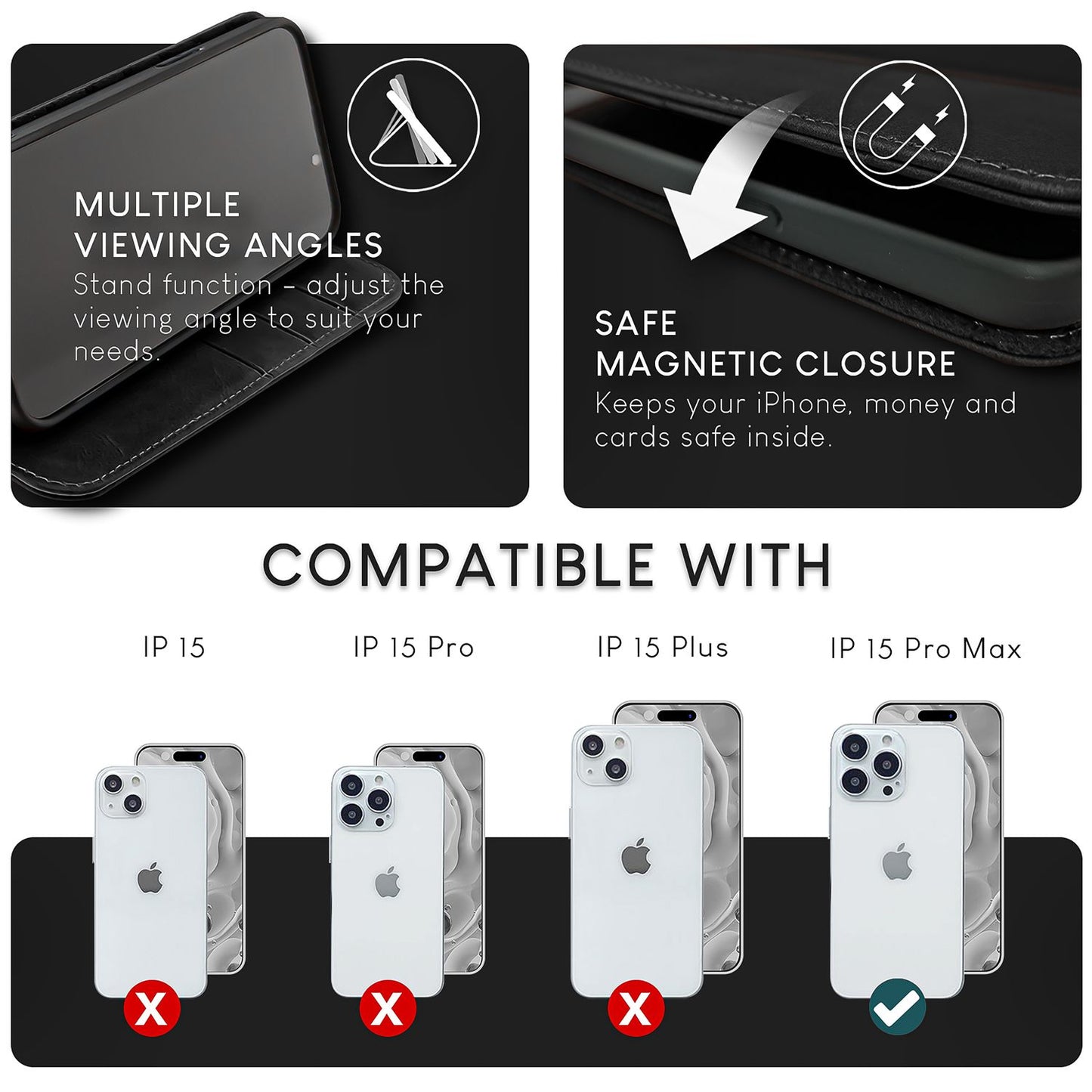 NALIA Echtlederhülle für iPhone 15 Pro Max – RFID Wallet & Magnet-Verschluss – LEVANTO (Handgefertigte Klapphülle) – Marke aus Berlin