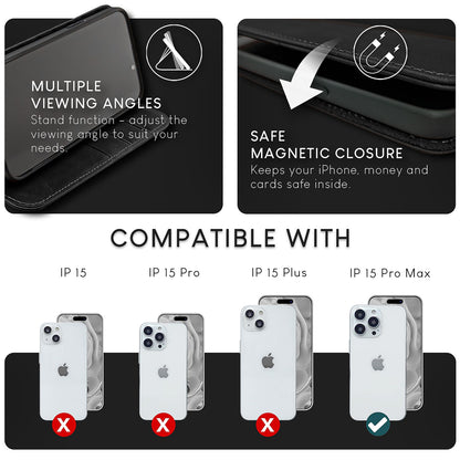 NALIA Echtlederhülle für iPhone 15 Pro Max – RFID Wallet & Magnet-Verschluss – LEVANTO (Handgefertigte Klapphülle) – Marke aus Berlin