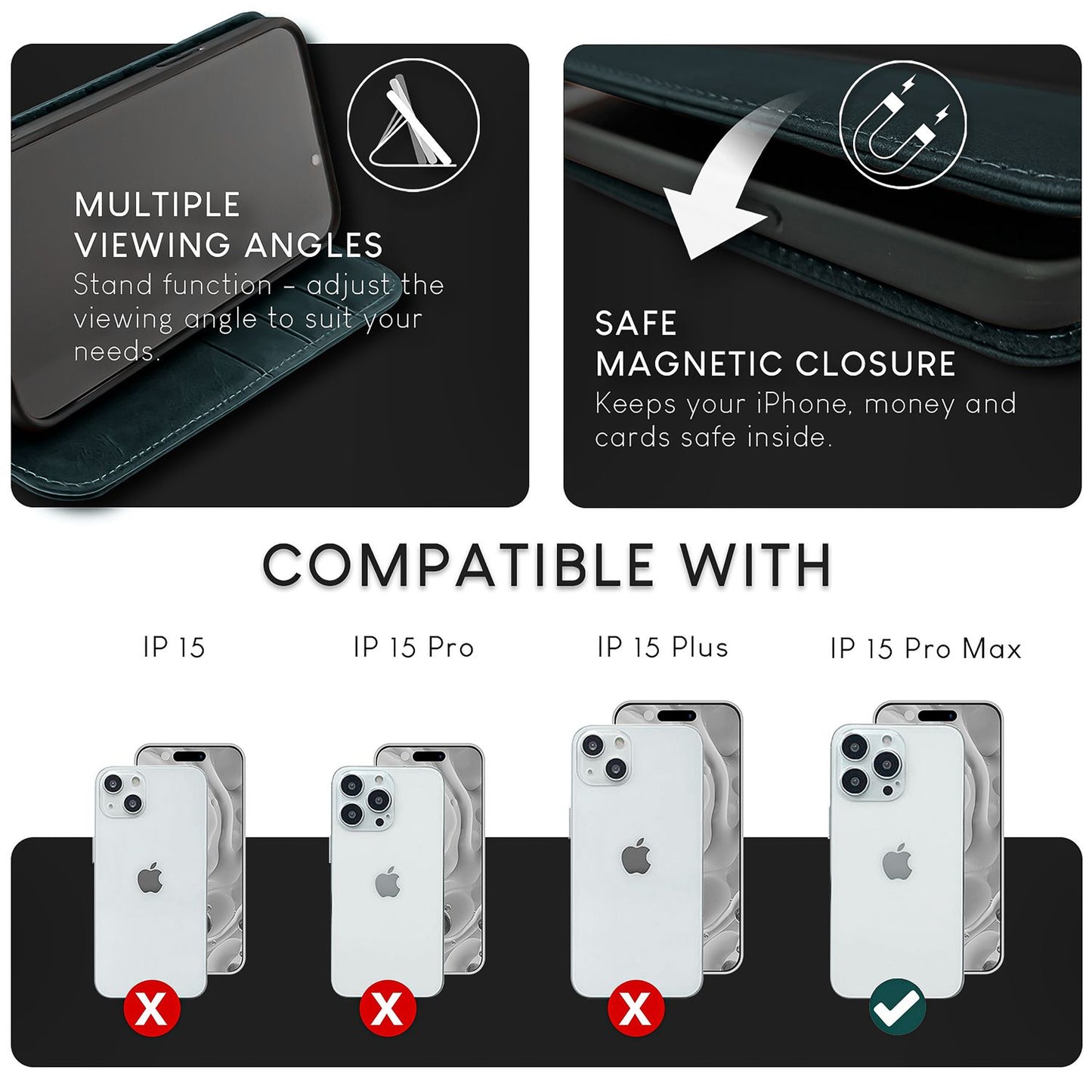 NALIA Echtlederhülle für iPhone 15 Pro Max – RFID Wallet & Magnet-Verschluss – LEVANTO (Handgefertigte Klapphülle) – Marke aus Berlin