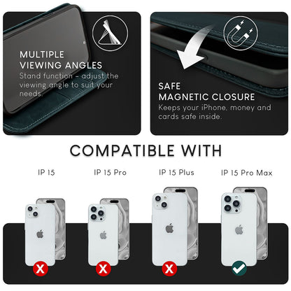 NALIA Echtlederhülle für iPhone 15 Pro Max – RFID Wallet & Magnet-Verschluss – LEVANTO (Handgefertigte Klapphülle) – Marke aus Berlin