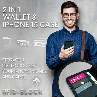 NALIA Echtlederhülle für iPhone 15 Pro Max – RFID Wallet & Magnet-Verschluss – LEVANTO (Handgefertigte Klapphülle) – Marke aus Berlin