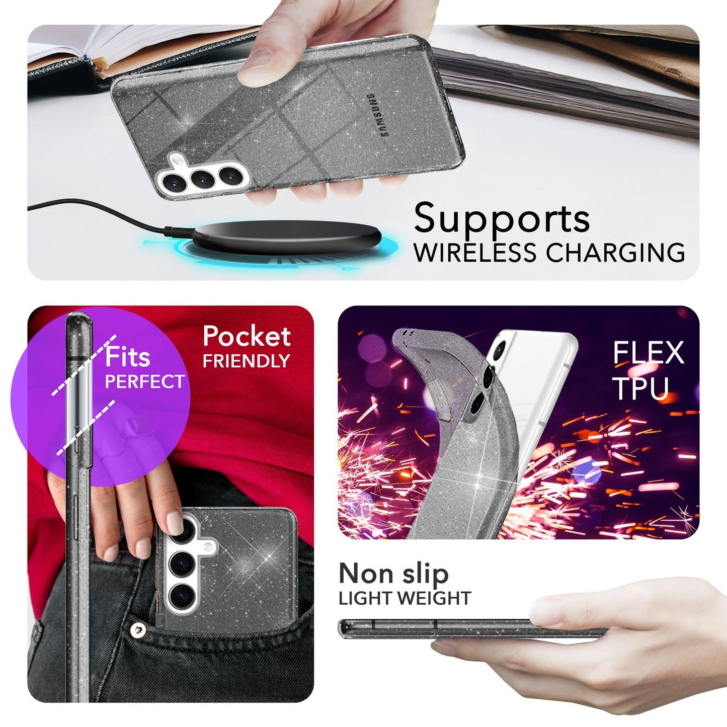 NALIA Glitzerhülle für Samsung Galaxy S24 – Funkelndes Silikon Case – DAZZLIN (Transparent & Stoßfest) – Marke aus Berlin