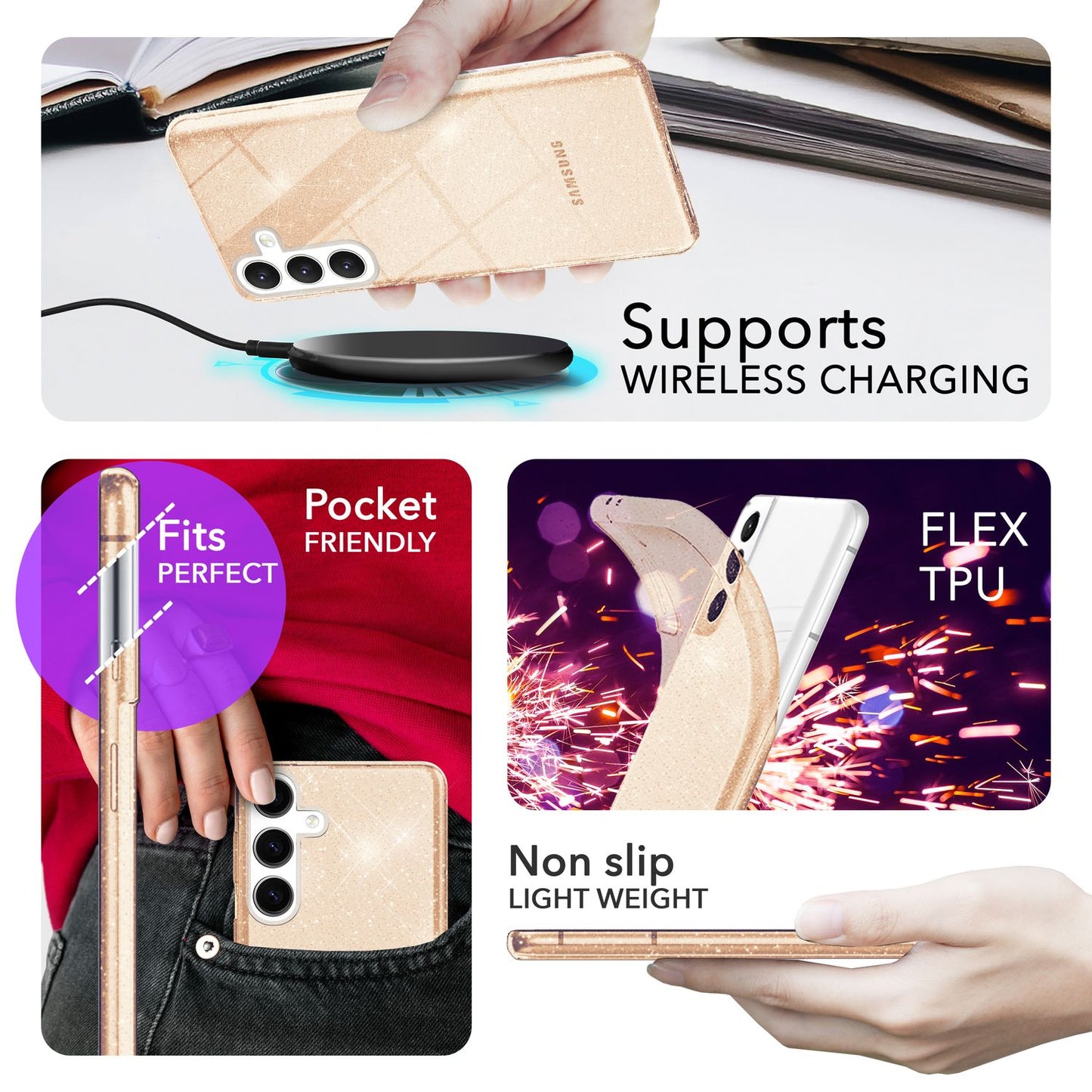 NALIA Glitzerhülle für Samsung Galaxy S24 Plus – Funkelndes Silikon Case – DAZZLIN (Transparent & Stoßfest) – Marke aus Berlin