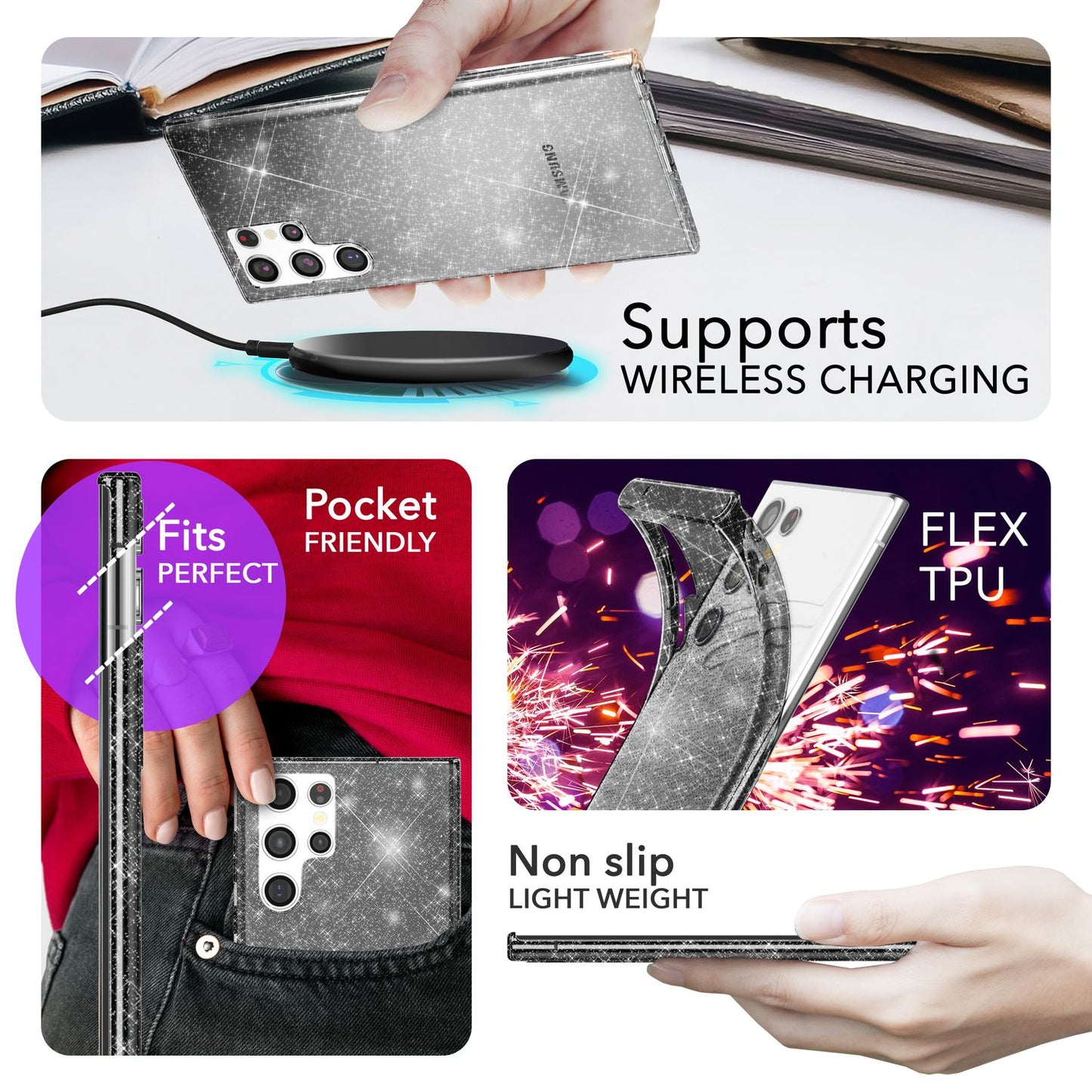NALIA Glitzerhülle für Samsung Galaxy S24 Ultra – Funkelndes Silikon Case – DAZZLIN (Transparent & Stoßfest) – Marke aus Berlin