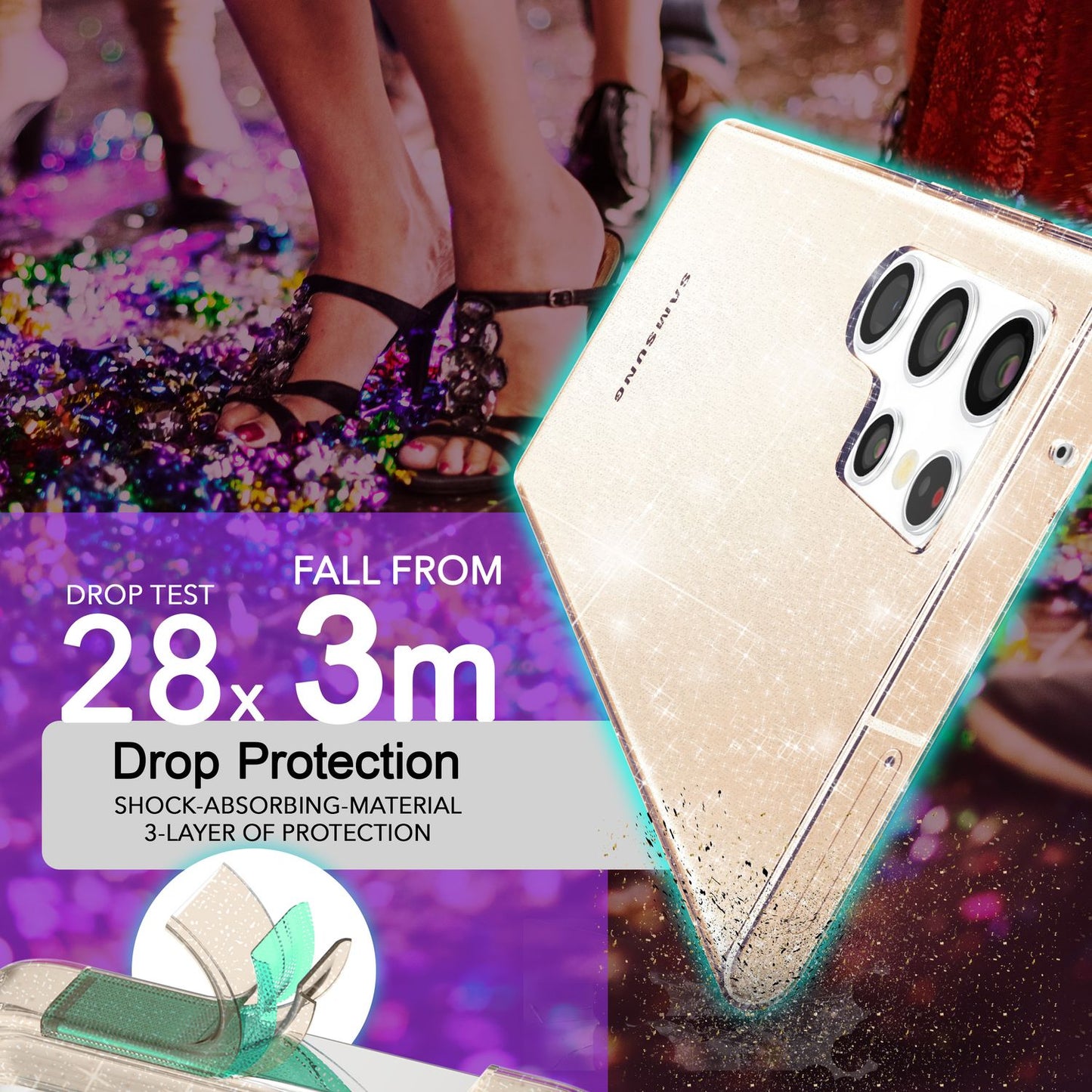 NALIA Glitzerhülle für Samsung Galaxy S24 Ultra – Funkelndes Silikon Case – DAZZLIN (Transparent & Stoßfest) – Marke aus Berlin