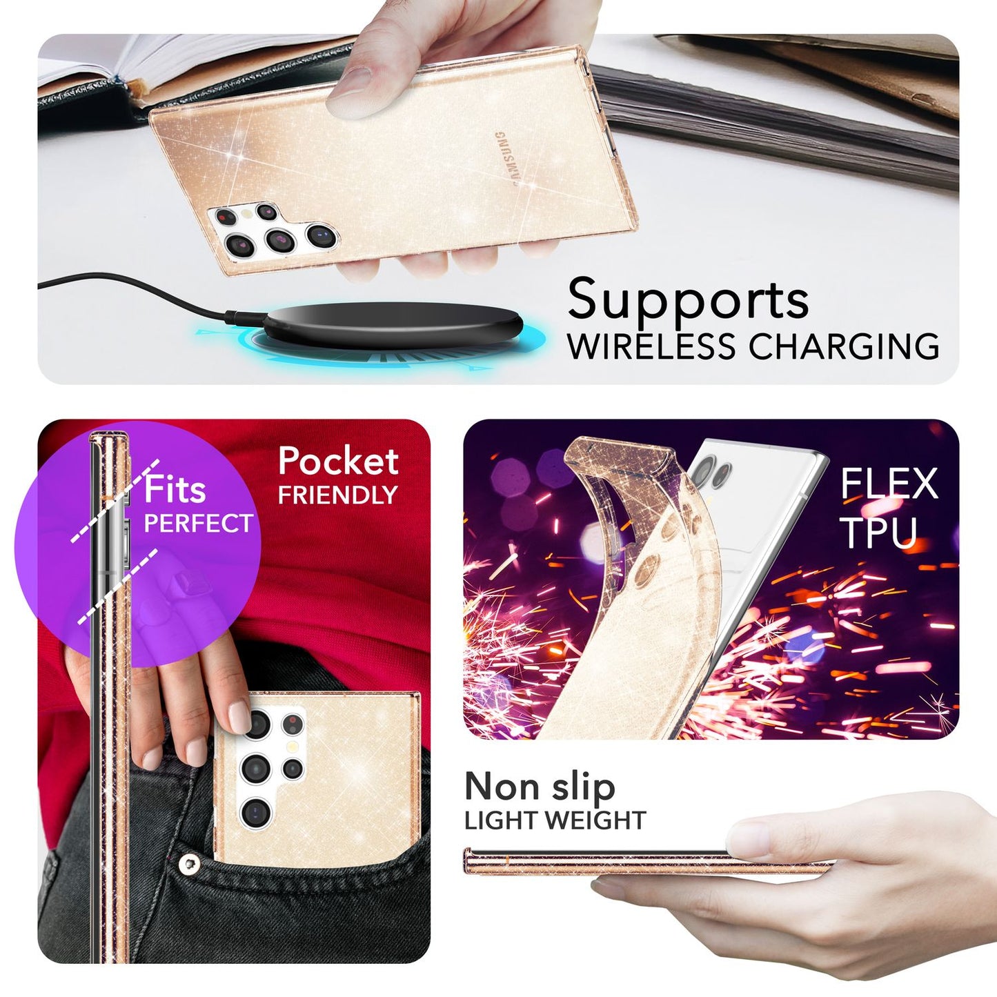 NALIA Glitzerhülle für Samsung Galaxy S24 Ultra – Funkelndes Silikon Case – DAZZLIN (Transparent & Stoßfest) – Marke aus Berlin