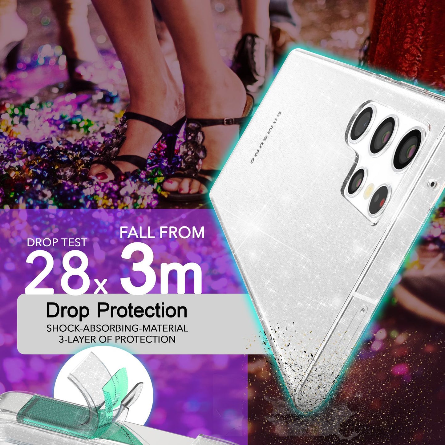 NALIA Glitzerhülle für Samsung Galaxy S24 Ultra – Funkelndes Silikon Case – DAZZLIN (Transparent & Stoßfest) – Marke aus Berlin