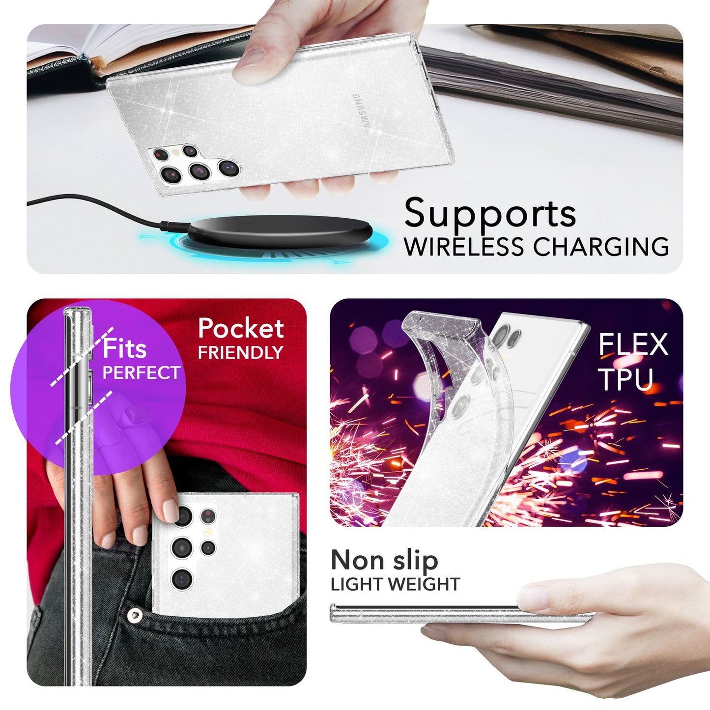 NALIA Glitzerhülle für Samsung Galaxy S24 Ultra – Funkelndes Silikon Case – DAZZLIN (Transparent & Stoßfest) – Marke aus Berlin
