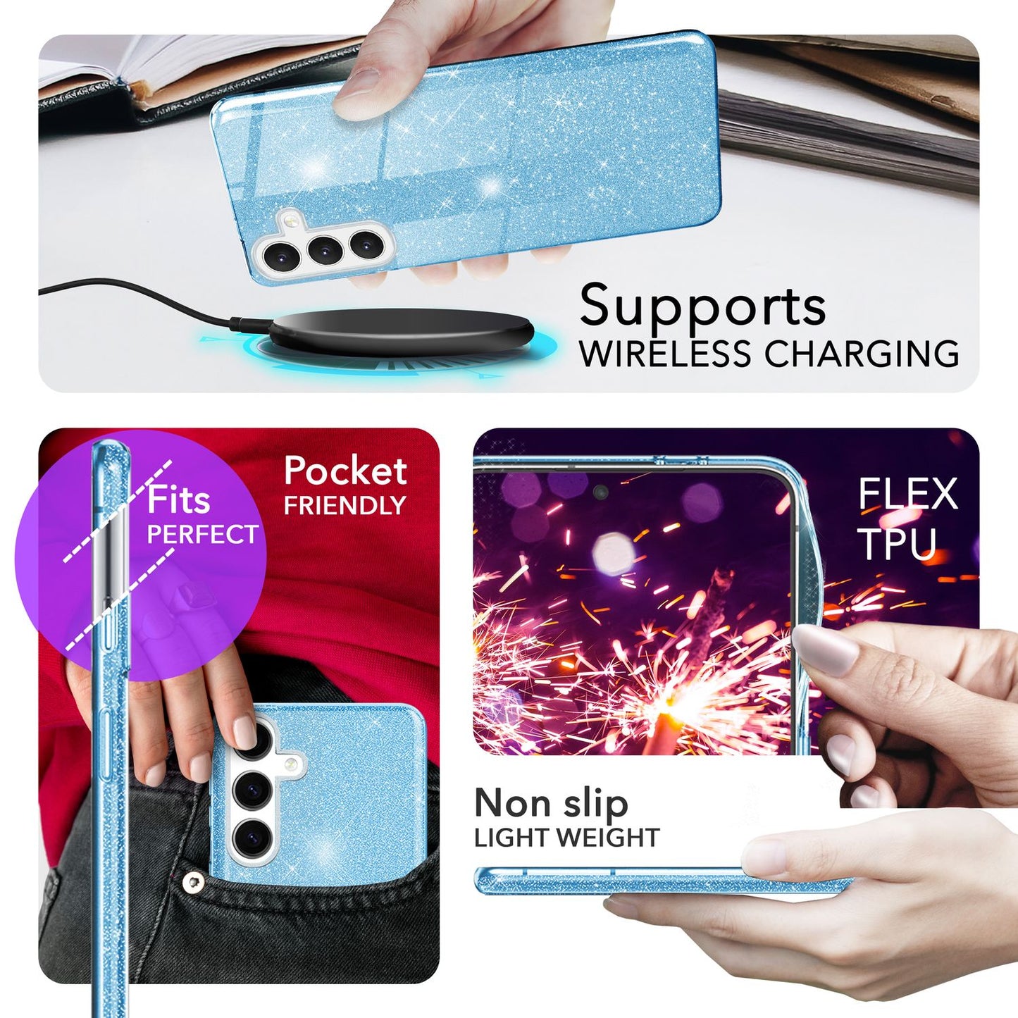 NALIA Glitzerhülle für Samsung Galaxy S24 – Funkelnder Glitzer-Look & Grip – SHINEPOP (Silikon Case) – Marke aus Berlin