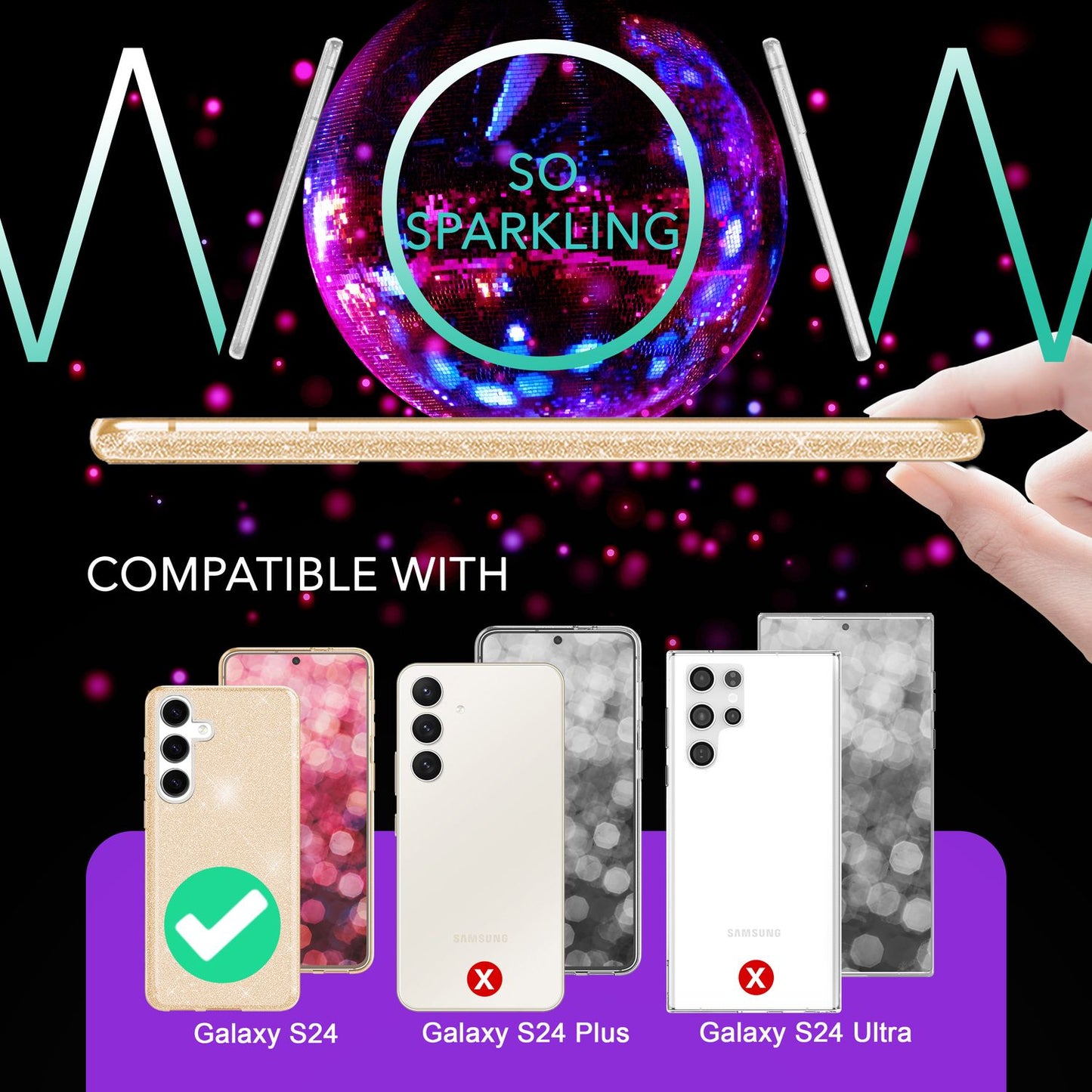 NALIA Glitzerhülle für Samsung Galaxy S24 – Funkelnder Glitzer-Look & Grip – SHINEPOP (Silikon Case) – Marke aus Berlin