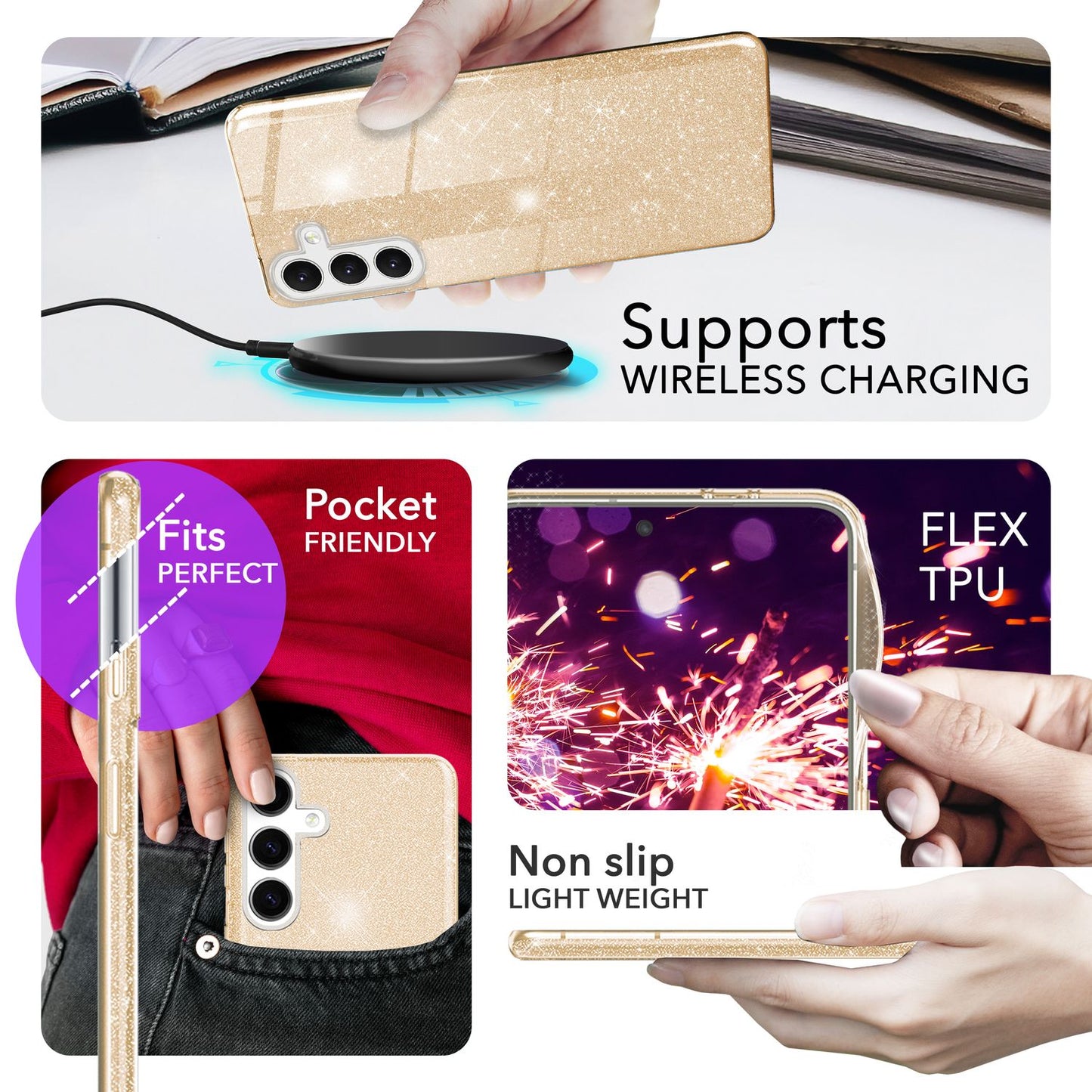 NALIA Glitzerhülle für Samsung Galaxy S24 – Funkelnder Glitzer-Look & Grip – SHINEPOP (Silikon Case) – Marke aus Berlin