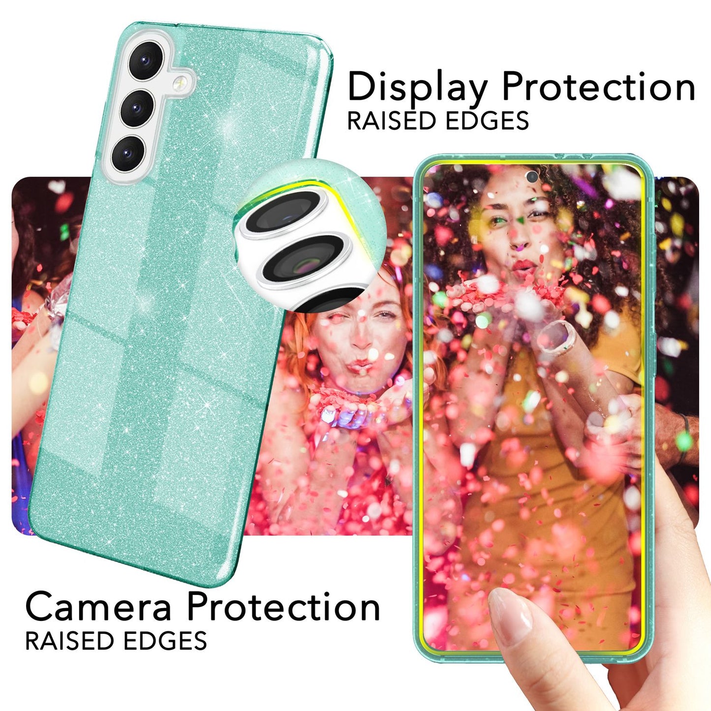 NALIA Glitzerhülle für Samsung Galaxy S24 – Funkelnder Glitzer-Look & Grip – SHINEPOP (Silikon Case) – Marke aus Berlin