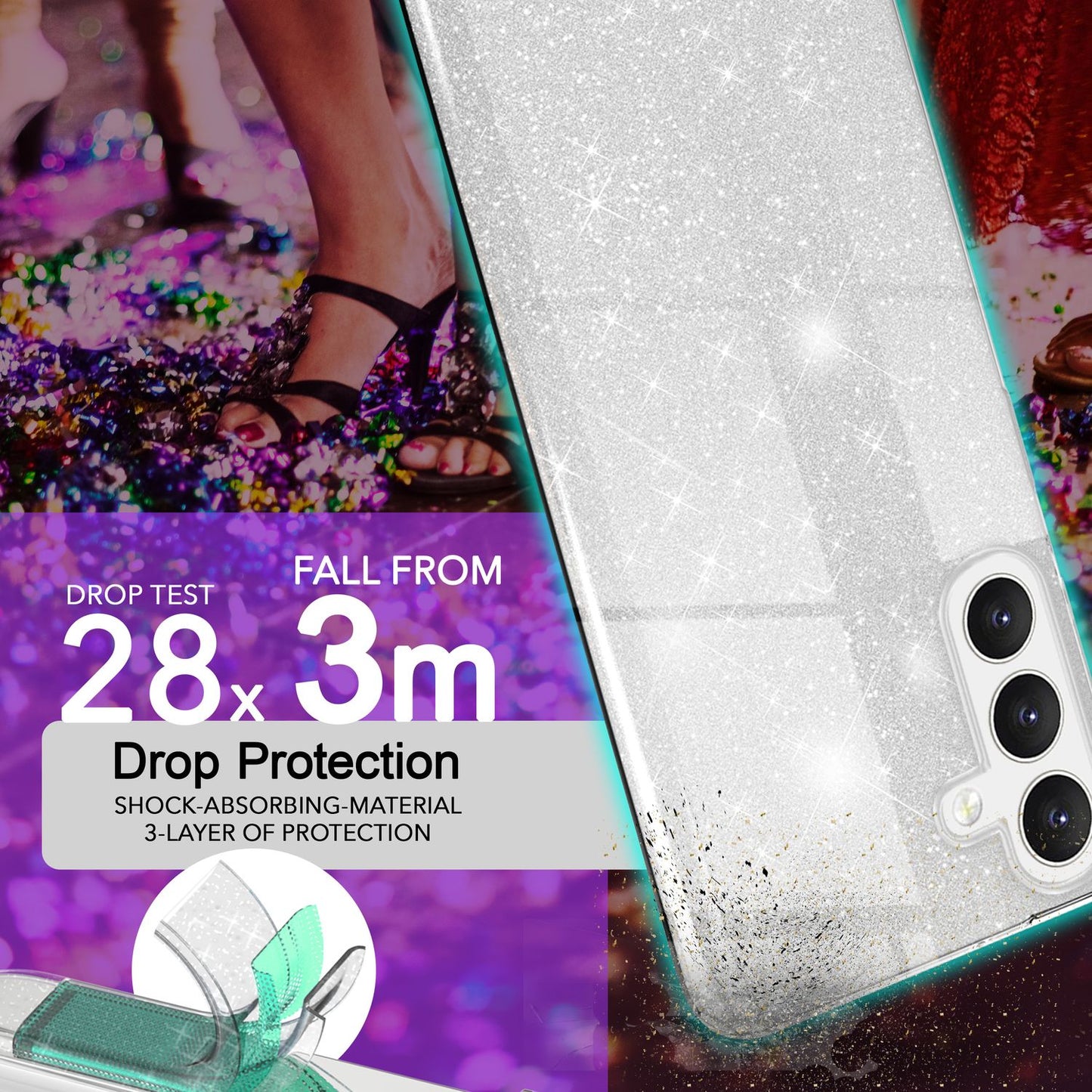 NALIA Glitzerhülle für Samsung Galaxy S24 – Funkelnder Glitzer-Look & Grip – SHINEPOP (Silikon Case) – Marke aus Berlin