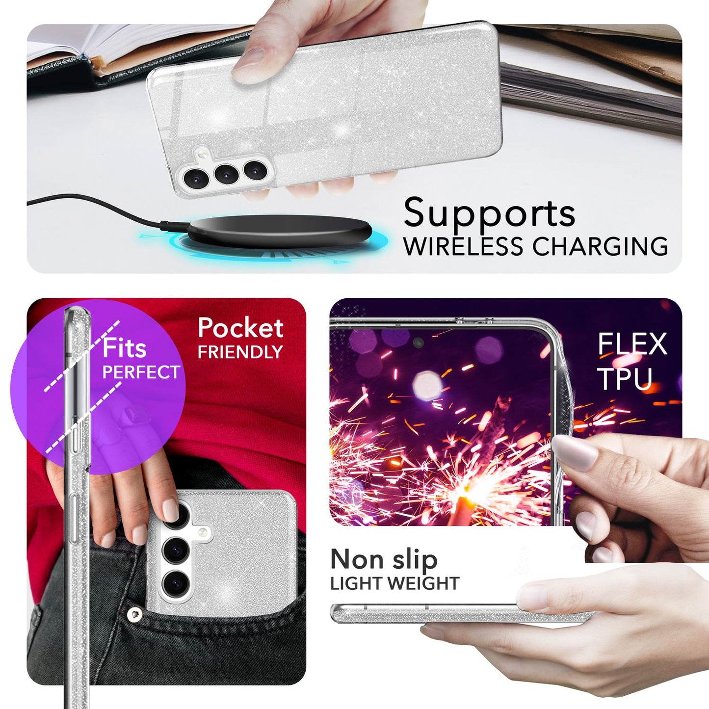 NALIA Glitzerhülle für Samsung Galaxy S24 – Funkelnder Glitzer-Look & Grip – SHINEPOP (Silikon Case) – Marke aus Berlin