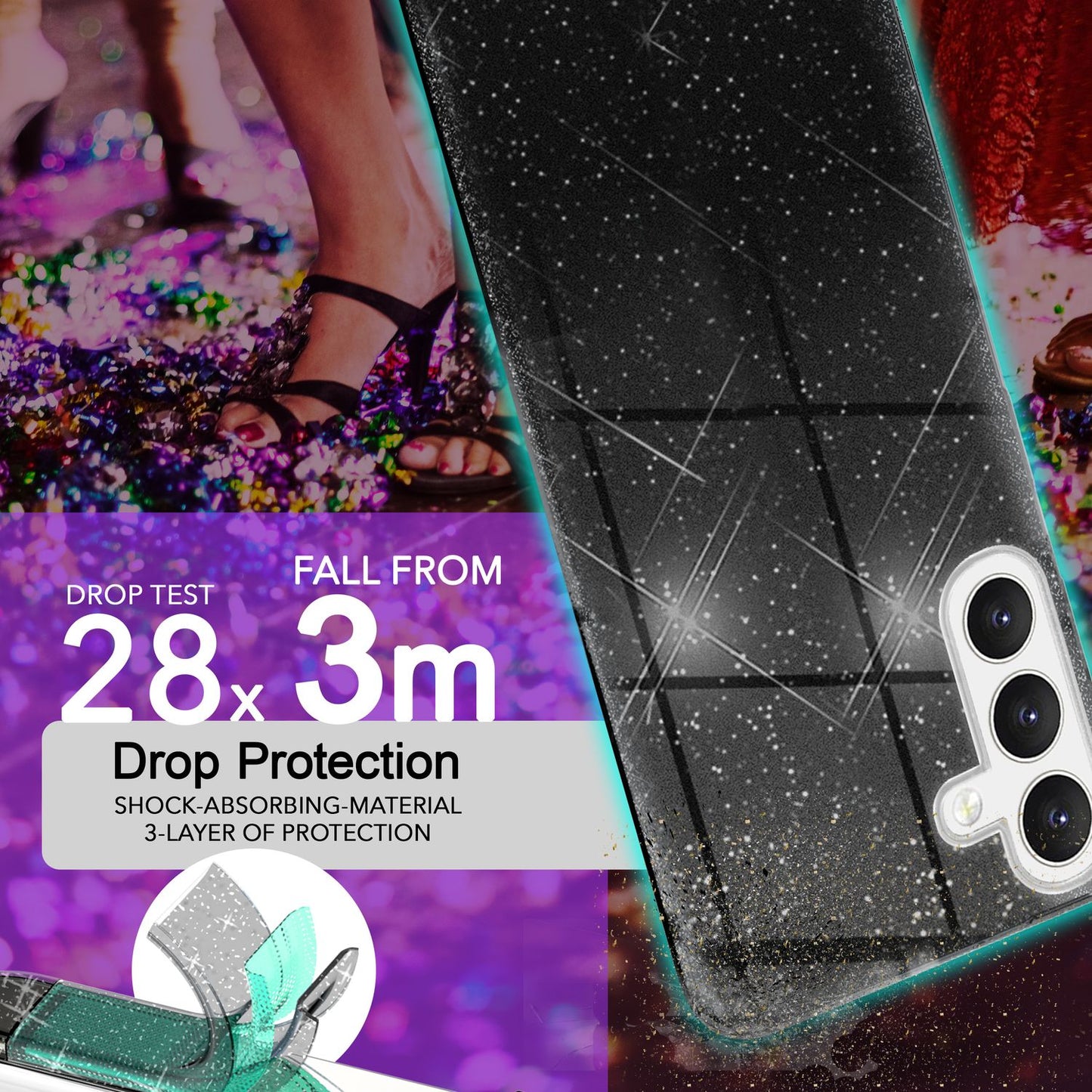 NALIA Glitzerhülle für Samsung Galaxy S24 Plus – Funkelnder Glitzer-Look & Grip – SHINEPOP (Silikon Case) – Marke aus Berlin