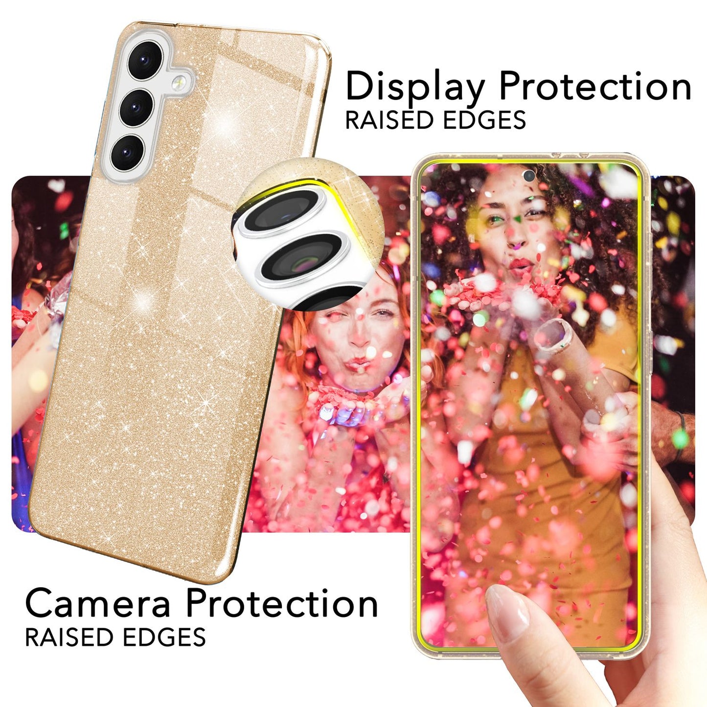 NALIA Glitzerhülle für Samsung Galaxy S24 Plus – Funkelnder Glitzer-Look & Grip – SHINEPOP (Silikon Case) – Marke aus Berlin