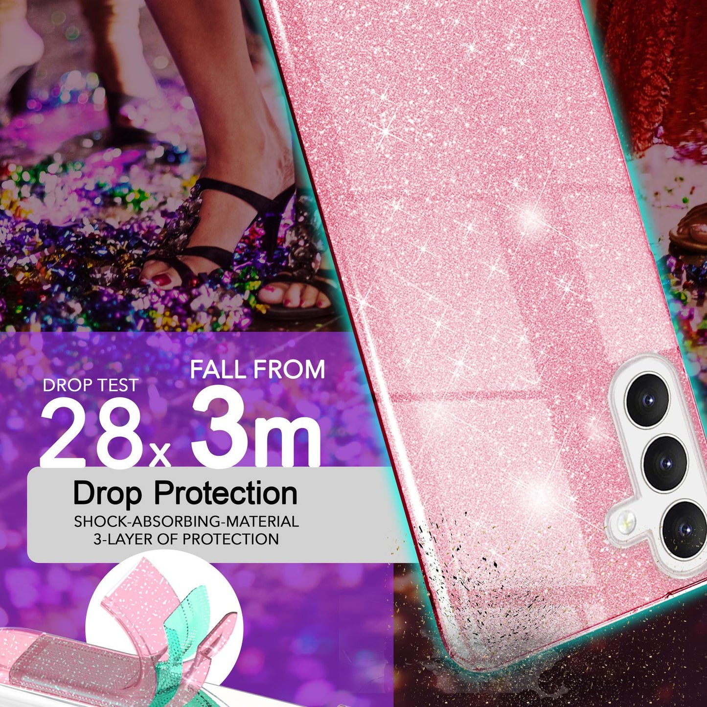 NALIA Glitzerhülle für Samsung Galaxy S24 Plus – Funkelnder Glitzer-Look & Grip – SHINEPOP (Silikon Case) – Marke aus Berlin