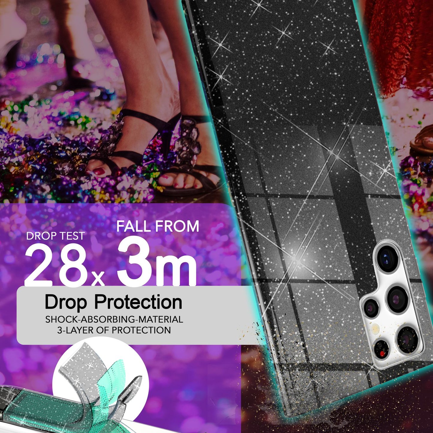 NALIA Glitzerhülle für Samsung Galaxy S24 Ultra – Funkelnder Glitzer-Look & Grip – SHINEPOP (Silikon Case) – Marke aus Berlin