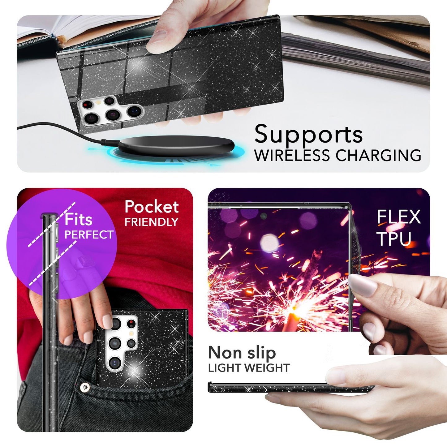 NALIA Glitzerhülle für Samsung Galaxy S24 Ultra – Funkelnder Glitzer-Look & Grip – SHINEPOP (Silikon Case) – Marke aus Berlin