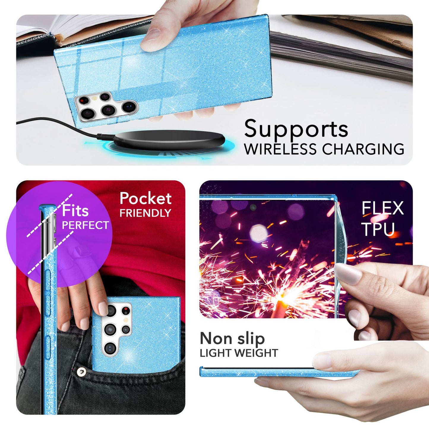 NALIA Glitzerhülle für Samsung Galaxy S24 Ultra – Funkelnder Glitzer-Look & Grip – SHINEPOP (Silikon Case) – Marke aus Berlin