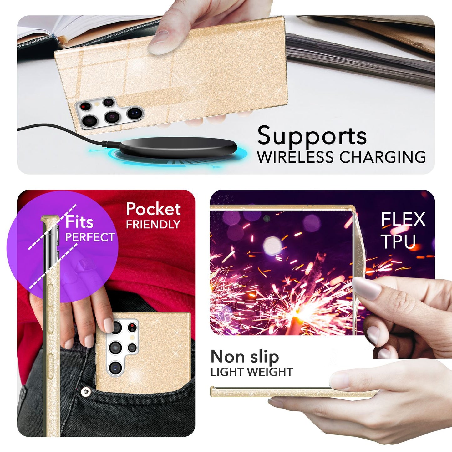 NALIA Glitzerhülle für Samsung Galaxy S24 Ultra – Funkelnder Glitzer-Look & Grip – SHINEPOP (Silikon Case) – Marke aus Berlin