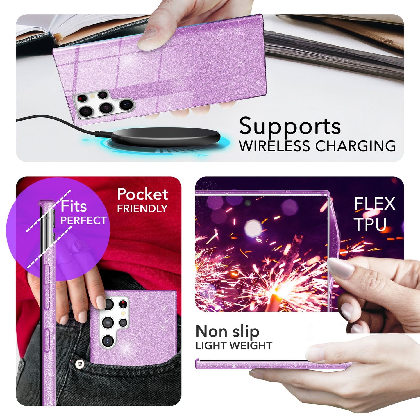 NALIA Glitzerhülle für Samsung Galaxy S24 Ultra – Funkelnder Glitzer-Look & Grip – SHINEPOP (Silikon Case) – Marke aus Berlin